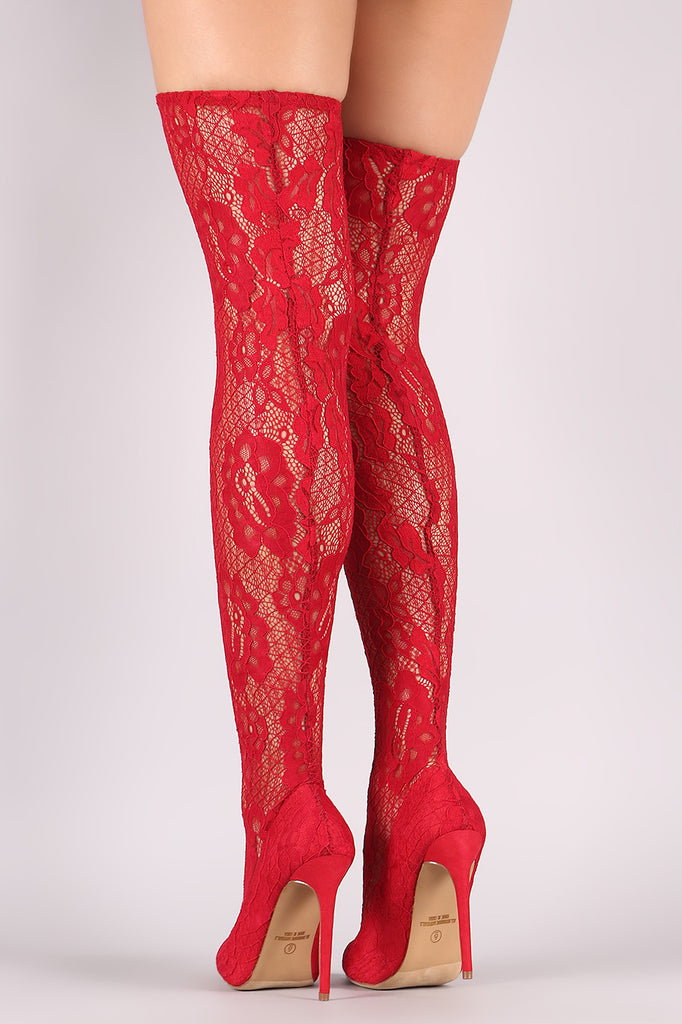 Liliana Floral Lace Pointy Toe Stiletto Over-The-Knee Boots