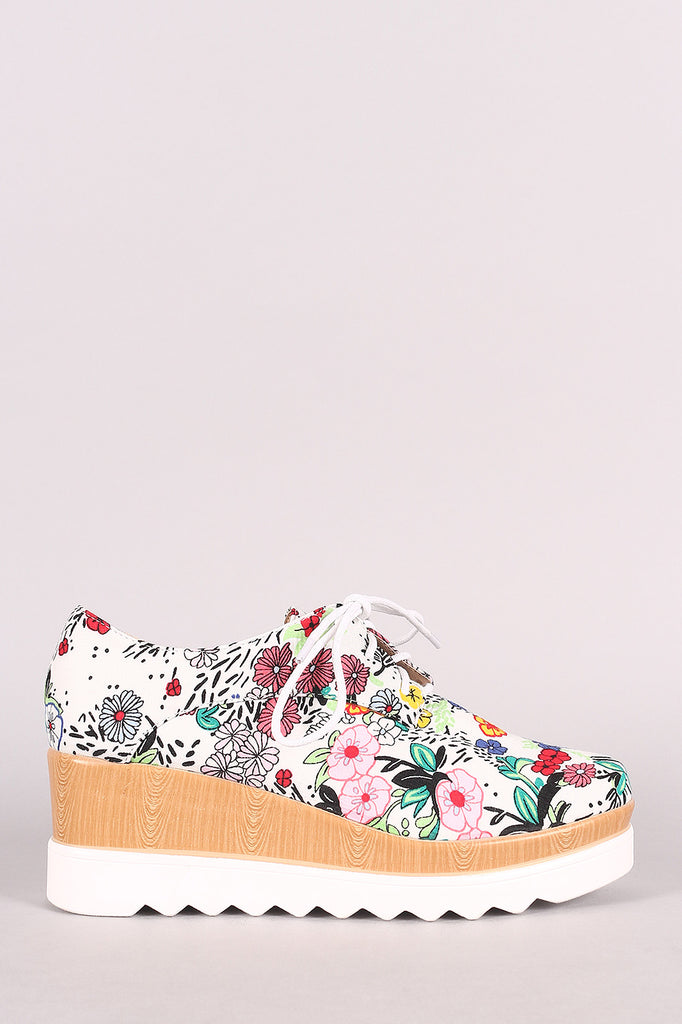 Floral Lug Sole Lace Up Oxford Platform Wedge