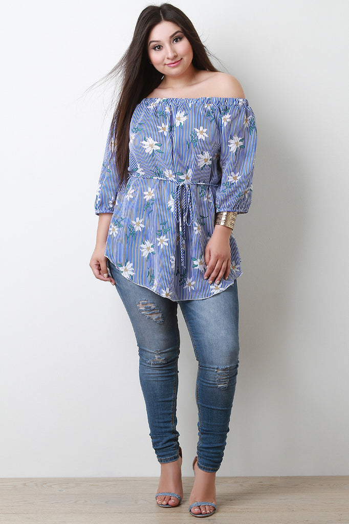 Striped Floral Waist-Tie Off The Shoulder Top