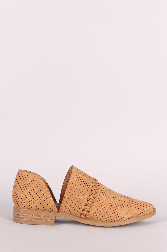 Qupid Perforated Nubuck Braided Pointy Toe Ankle Booties