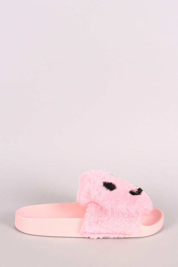 Qupid Faux Fur Smiley Face Open Toe Slide Sandal