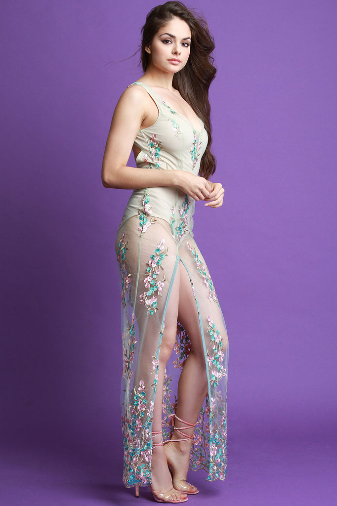 Sheer Mesh Floral Embroidery Maxi Dress