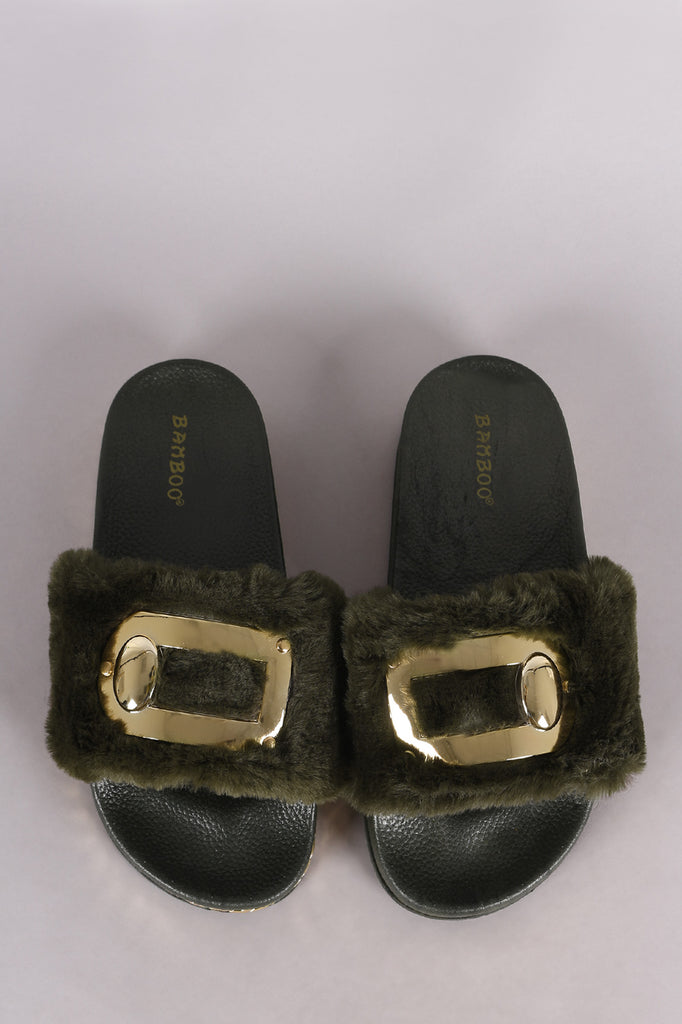Bamboo Hardware Embellished Fur Chain Slide Sandal