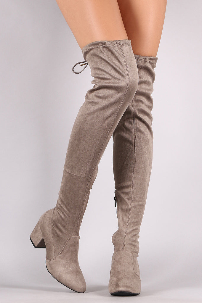 Qupid Suede Drawstring Tie Block Heeled Over-The-Knee Boots