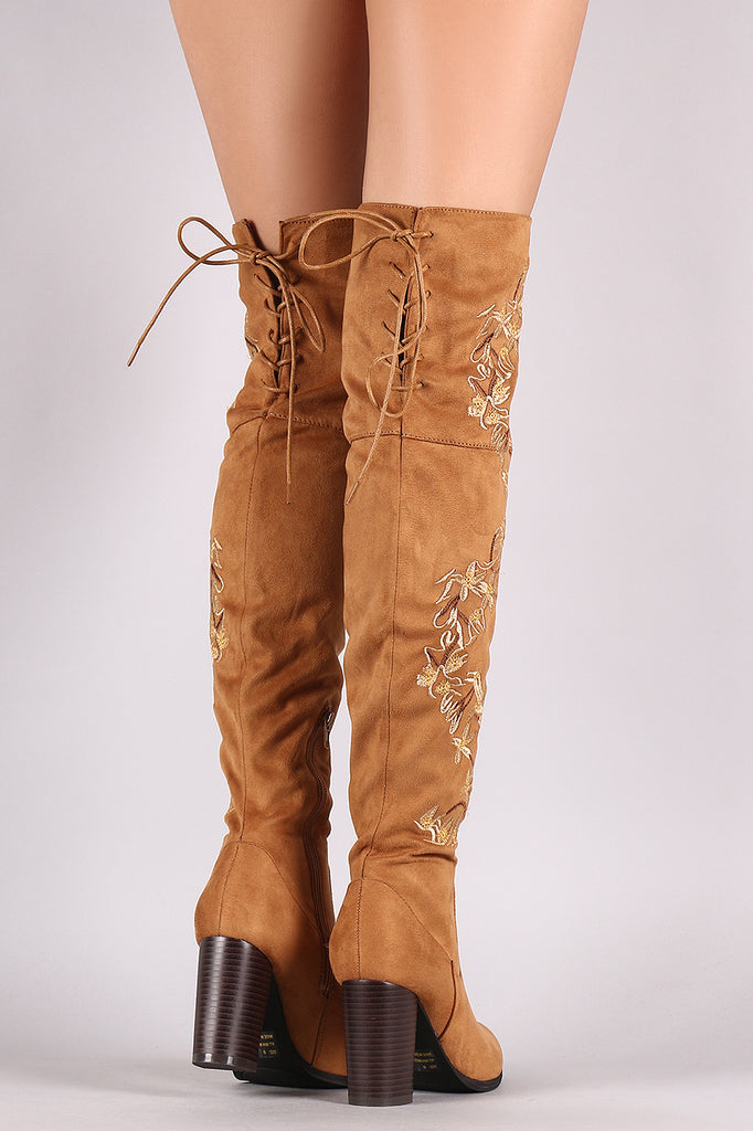 Qupid Embroidered Floral Suede Back Lace-Up Chunky Heeled Boots