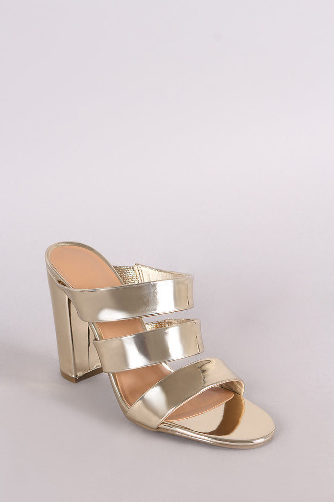 Bamboo Metallic Triple Straps Open Toe Chunky Mule Heel