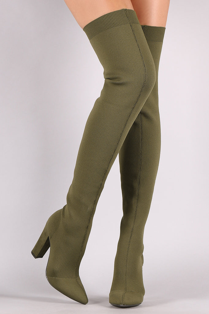 Bamboo Knit Pointy Toe Chunky Heeled Over-The-Knee Boots