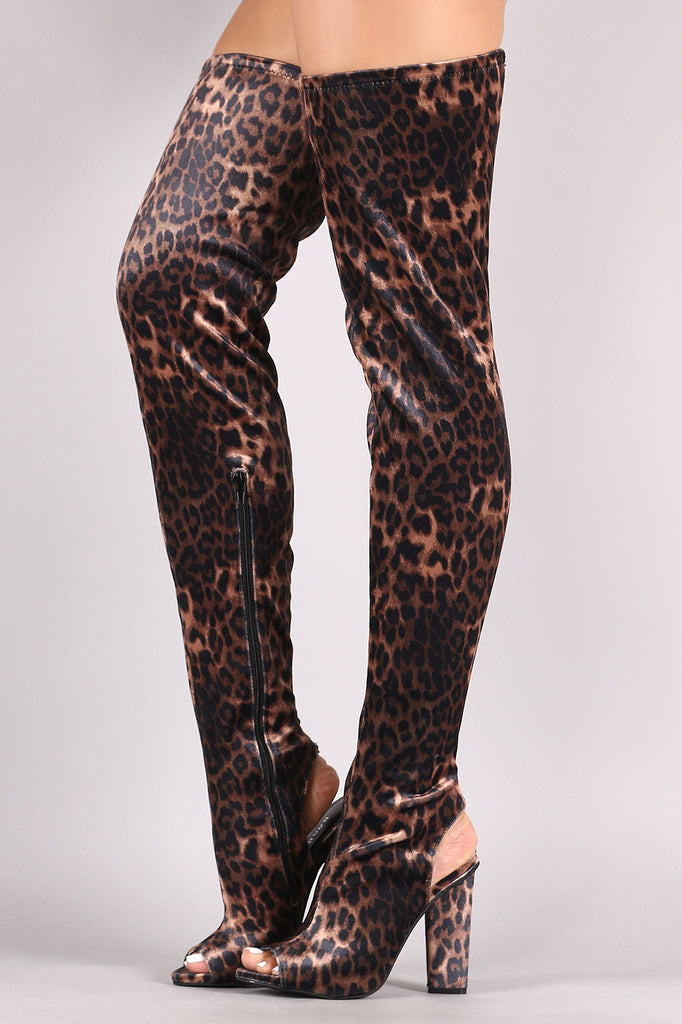 Bamboo Leopard Velvet Peep Toe Chunky Heeled Over-The-Knee Boots