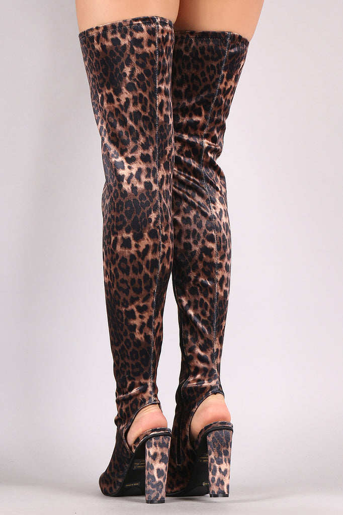 Bamboo Leopard Velvet Peep Toe Chunky Heeled Over-The-Knee Boots