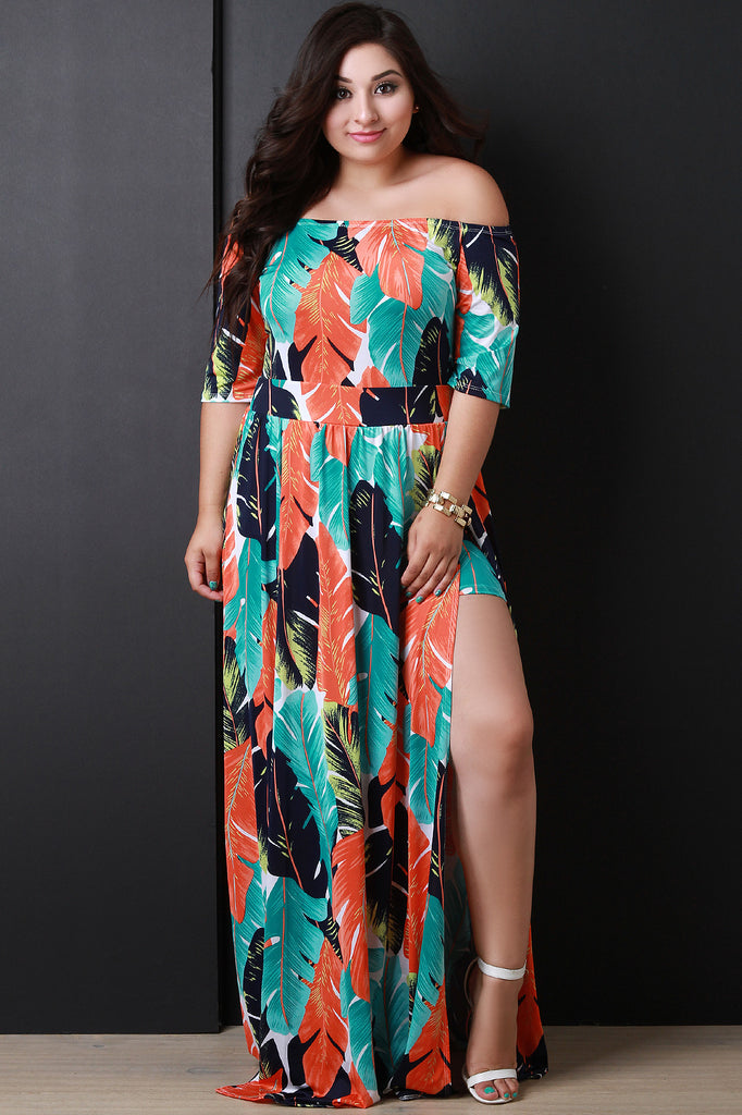 M-Slit Bardot Feather Print Maxi Dress