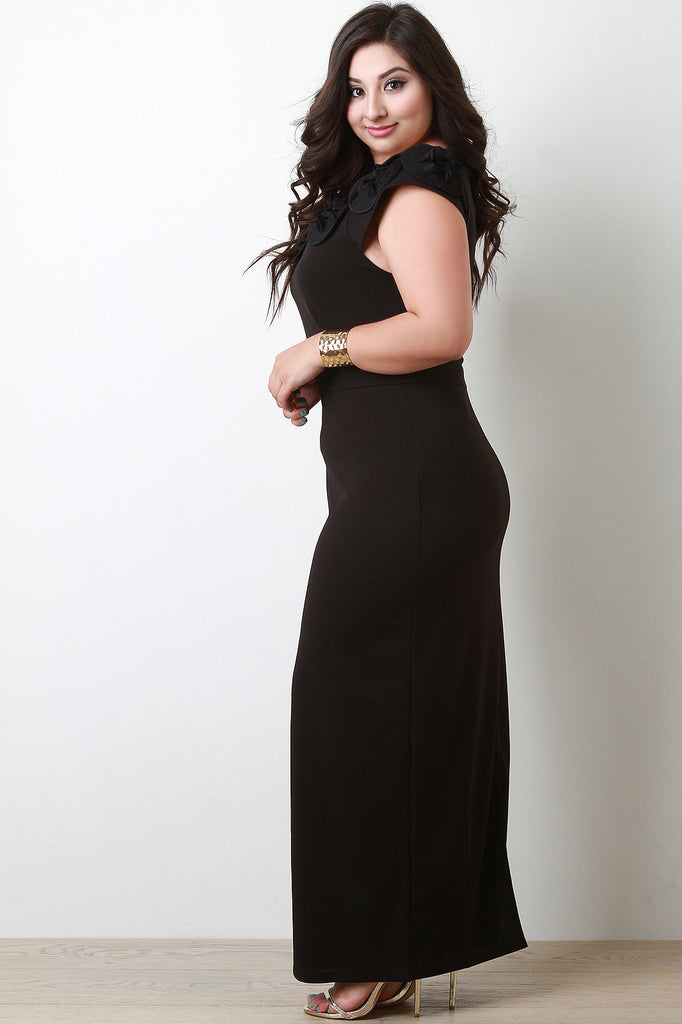 Pleated Floral Neckline Maxi Dress