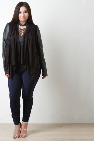 Draped Suede Collarless Leather Jacket