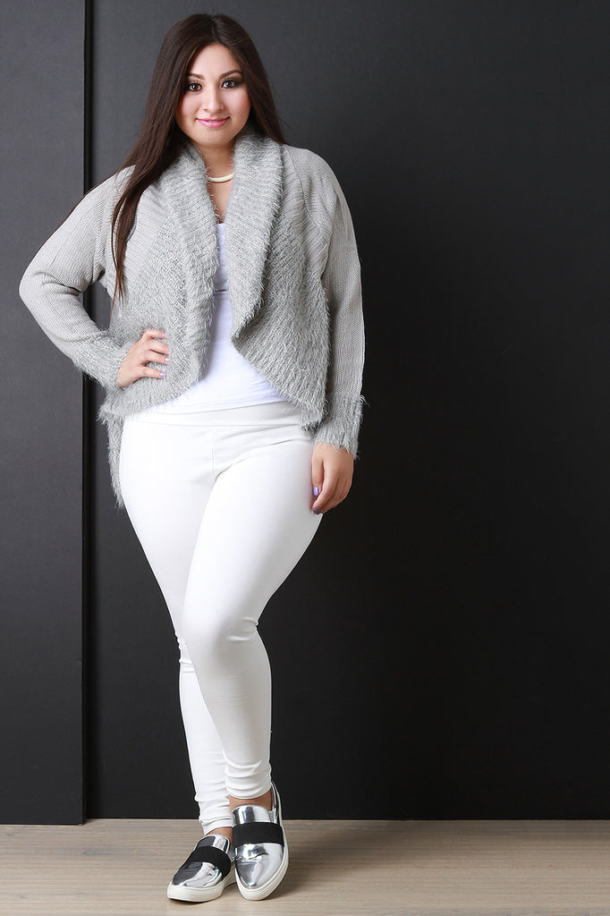 Shearling Trim Open Front Sweater
