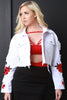 Distressed Floral Embroidery Crop Denim Jacket