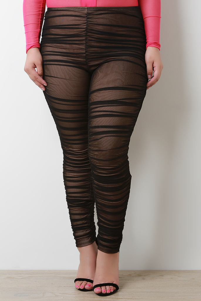 Mid Rise Ruched Mesh Leggings