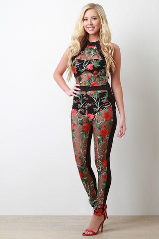 Floral Embroidered Halter Neck Jumpsuit