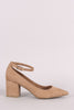Bamboo Suede Pointy Toe Ankle Strap Block Heeled Pump