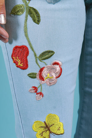 Bird And Butterfly Embroidered Denim Jeans