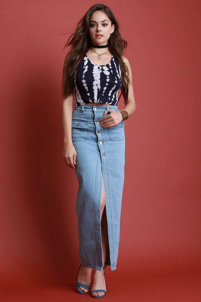 Front Slit Button-Up Denim Maxi Skirt