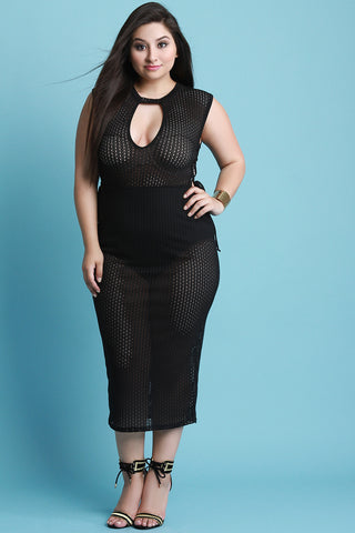 Keyhole Mock Choker Mesh Midi Dress