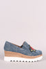 Embroidered Floral Denim Lug Sole Loafer Platform Wedge