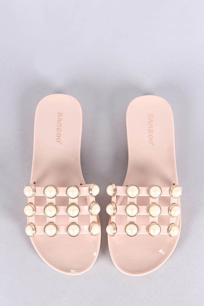 Bamboo Faux Pearl Accent Jelly Caged Slide Sandal
