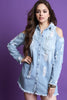 Cold Shoulder Distressed Denim Jean Shirt Dress