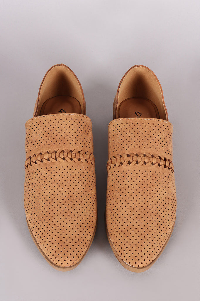 Qupid Perforated Nubuck Braided Pointy Toe Ankle Booties