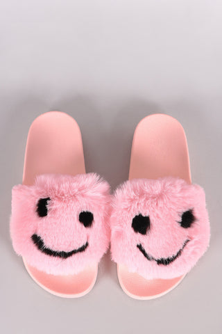 Qupid Faux Fur Smiley Face Open Toe Slide Sandal