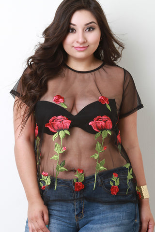 Rose Embroidered Sheer Mesh Top